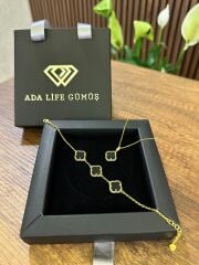 (ÇANTALI KUTU)925 Ayar Gümüş 18ayar Gold Kaplama Siyah Taşlı 2 Li Yonca Set 3 sıra Bil-Kol