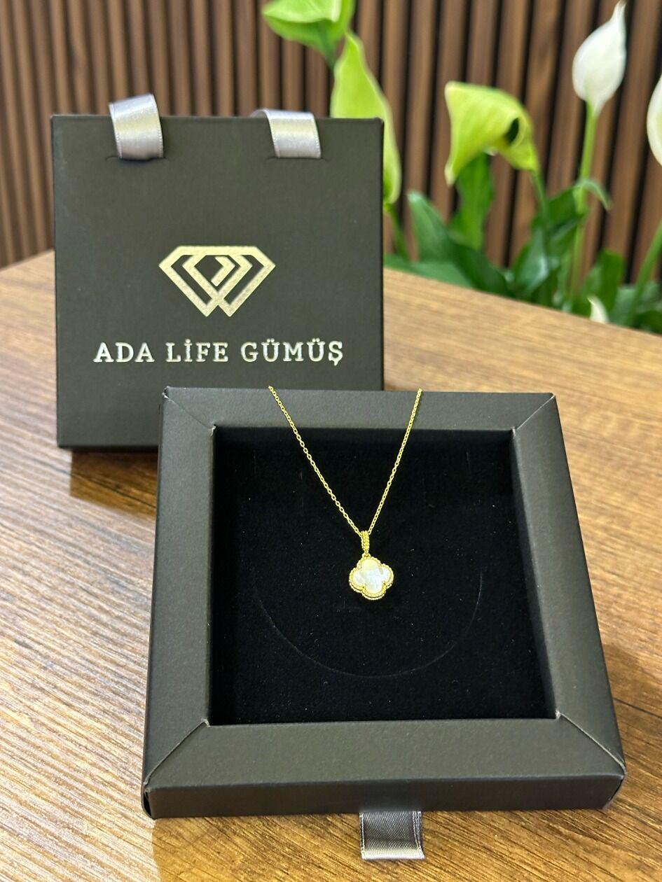 (ÇANTALI KUTU) 925 Ayar Gümüş 18 ayar Gold Kaplama Beyaz Taşlı Yonca Kolye
