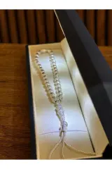 (Premium IŞIKLI KUTULU)925 Ayar Gümüş Çizikli Arpa Kesim Orta boy Tesbih 18 Ayar Beyaz Altın Kaplama