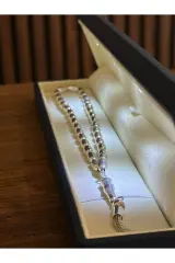 (Premium IŞIKLI KUTULU)925 Ayar Gümüş Arpa Kesim Orta boy Tesbih 18 Ayar Beyaz Altın Kaplama