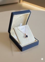 (PREMIUM IŞIKLI KUTULU) 925 Ayar Gümüş Yuvarlak Lacivert Taşlı Kolye