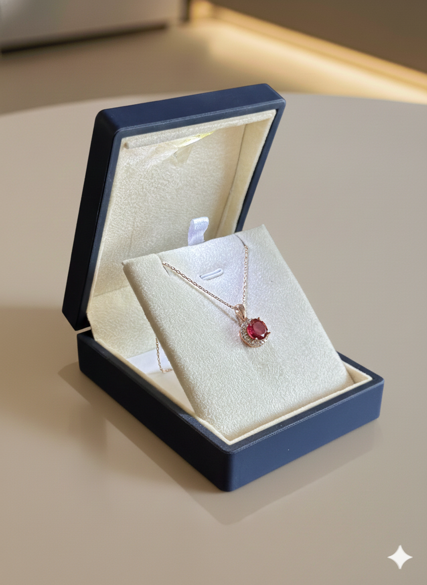 (PREMIUM IŞIKLI KUTULU) 925 Ayar Gümüş Yuvarlak Kırmızı Taşlı Kolye