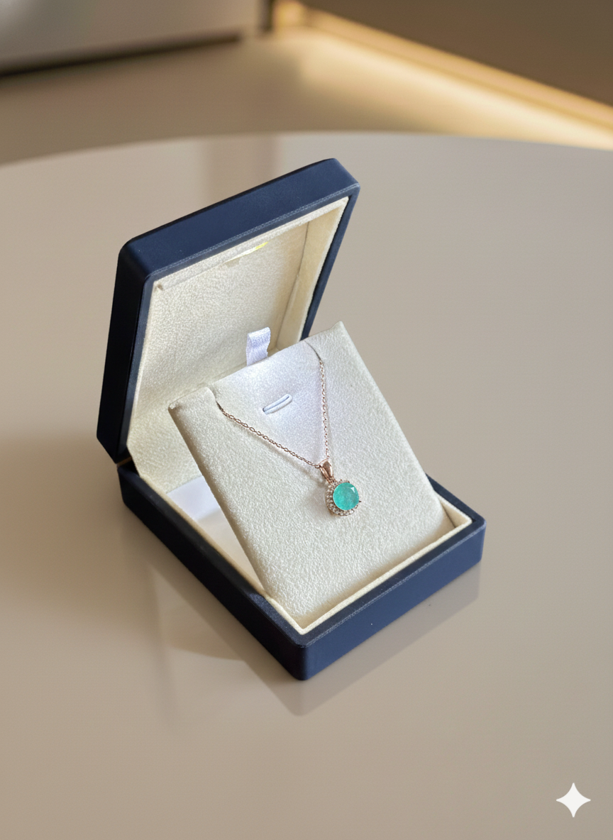 (PREMIUM IŞIKLI KUTULU) 925 Ayar Gümüş Yuvarlak Turkuaz Taşlı Kolye