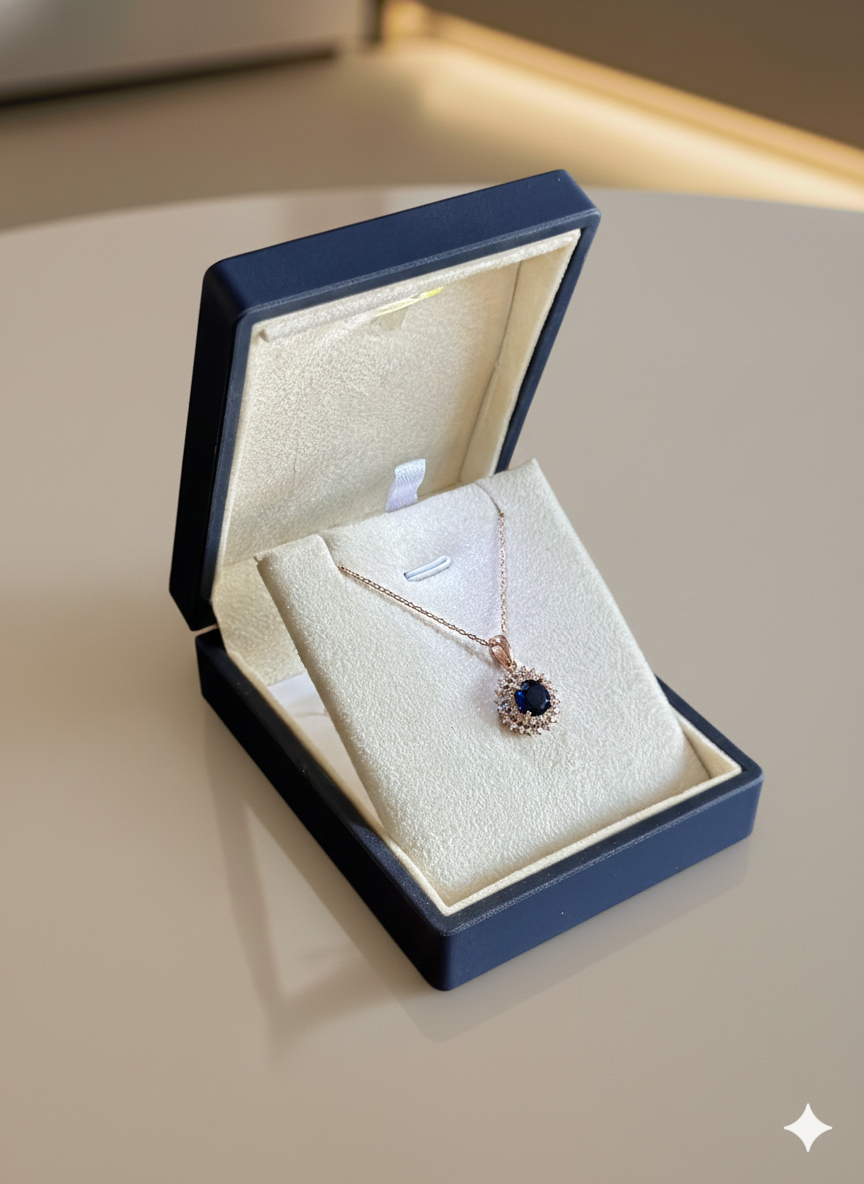 (PREMİUM IŞIKLI KUTULU)925 Ayar Gümüş 2li Sıra Yuvarlak Lacivert Model Kolye