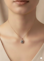 (PREMİUM IŞIKLI KUTULU)925 Ayar Gümüş 2li Sıra Kare Gri Model Kolye