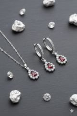 (IŞIKLI KUTULU) 925 Ayar Gümüş Kırmızı Damla Taşlı Model Zirkon Taşlı Kadın 2 Li Set Kolye Küpe