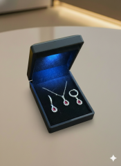 (IŞIKLI KUTULU) 925 Ayar Gümüş Kırmızı Damla Taşlı Model Zirkon Taşlı Kadın 2 Li Set Kolye Küpe