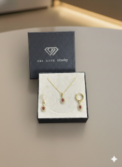 (ÖZEL KUTULU) 925 Ayar Gümüş Damla Kırmızı Taşlı Model Zirkon Taşlı Kadın 2 Li Set Kolye Küpe