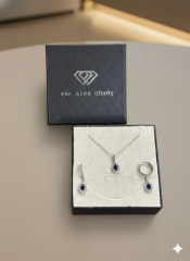 (ÖZEL KUTULU) 925 Ayar Gümüş Damla Lacivert Taşlı Model Zirkon Taşlı Kadın 2 Li Set Kolye Küpe