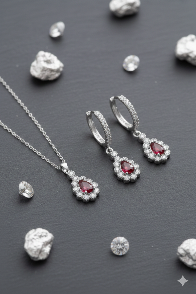 (PREMIUM IŞIKLI KUTULU) 925 Ayar Gümüş Damla Model Zirkon Taşlı Kadın 2 Li Set Kolye Küpe