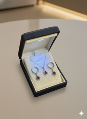 (PREMIUM IŞIKLI KUTULU) 925 Ayar Gümüş Damla Model Zirkon Taşlı Kadın 2 Li Set Kolye Küpe