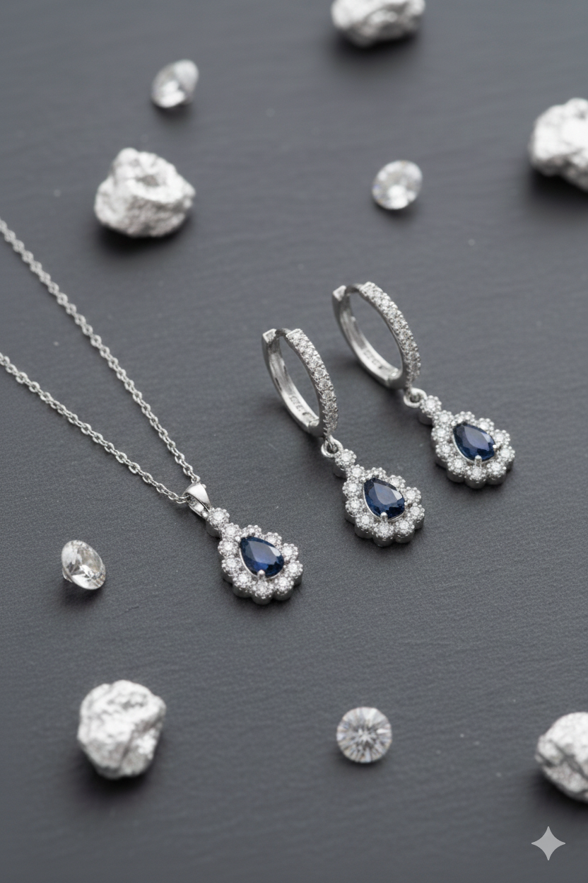 (PREMIUM IŞIKLI KUTULU) 925 Ayar Gümüş Damla Model Zirkon Taşlı Kadın 2 Li Set Kolye Küpe