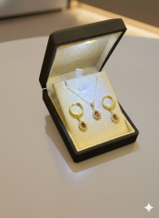 (PREMIUM IŞIKLI KUTULU) 925 Ayar Gümüş Damla Model Zirkon Taşlı Kadın 2 Li Set Kolye Küpe