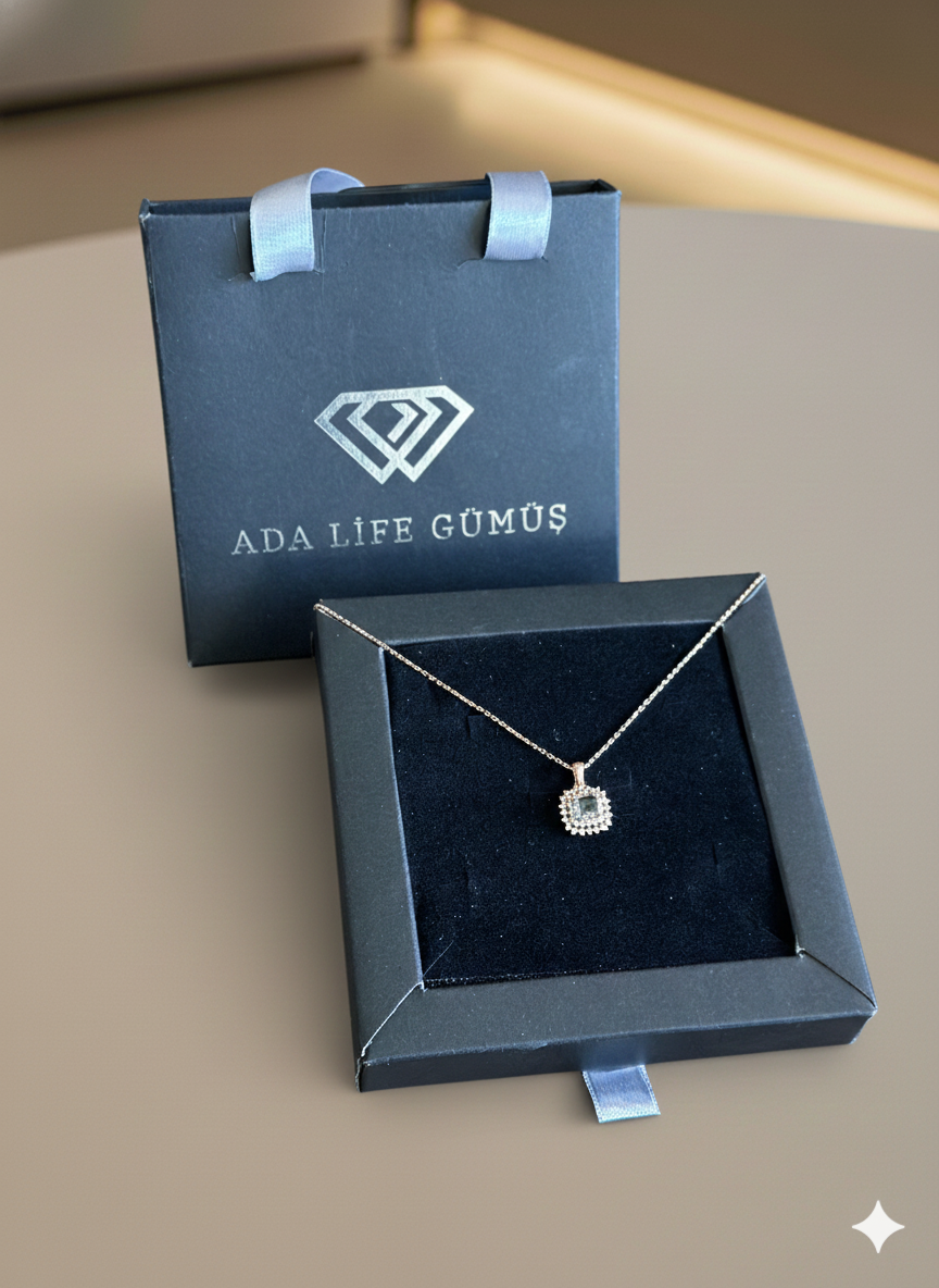 (ÇANTALI KUTULU) 925 Ayar Gümüş 2li Sıra Kare Gri Model Kolye