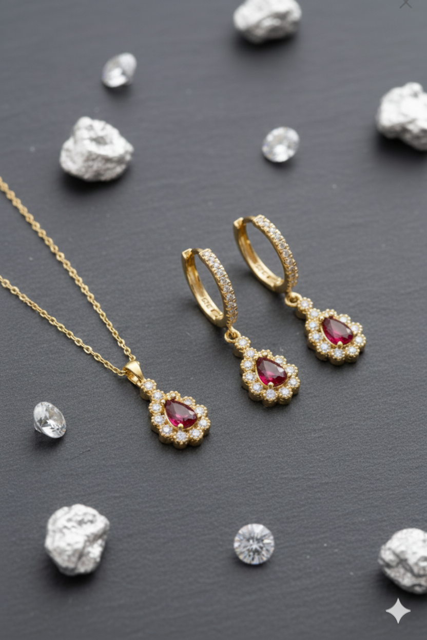 (ÇANTALI KUTULU) 925 Ayar Gümüş Damla Model Zirkon Taşlı Kadın 2 Li Set Kolye Küpe