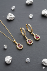 (ÇANTALI KUTULU) 925 Ayar Gümüş Damla Model Zirkon Taşlı Kadın 2 Li Set Kolye Küpe