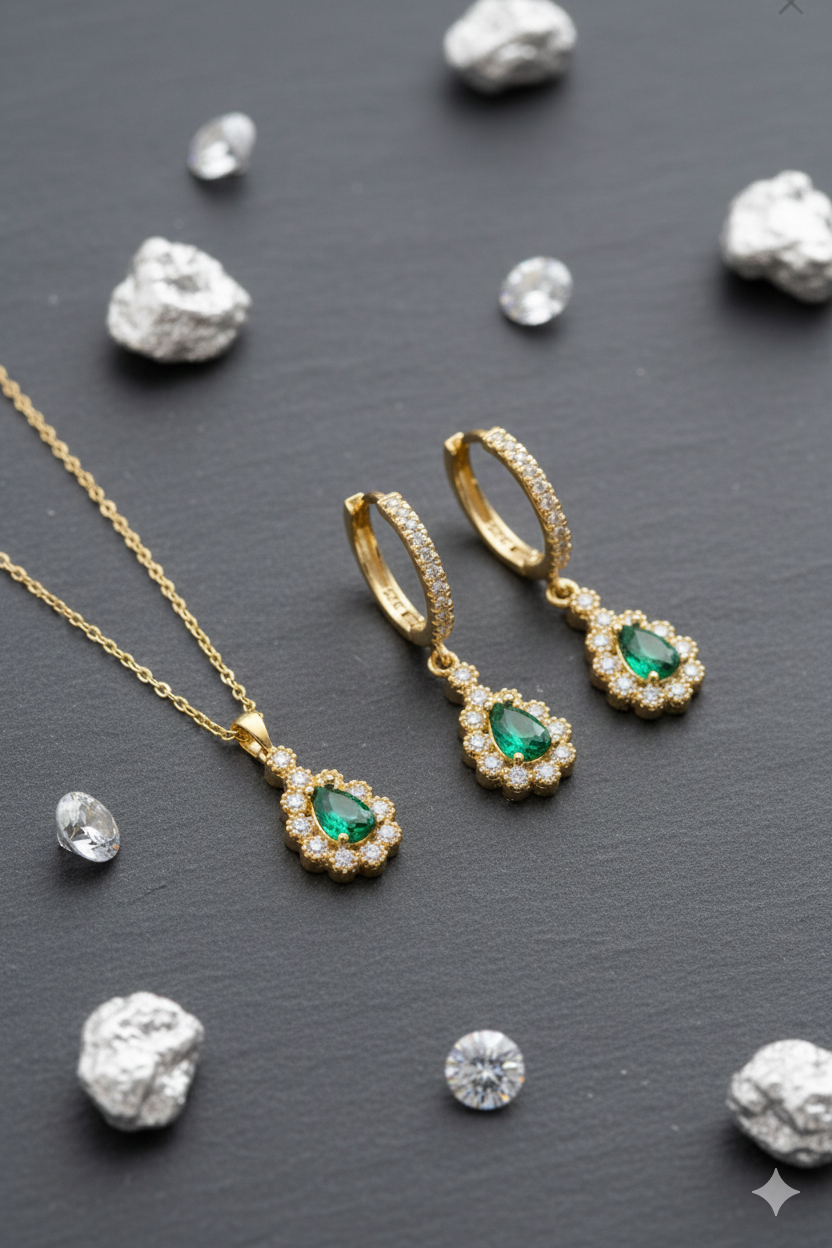 (ÇANTALI KUTULU) 925 Ayar Gümüş Damla Model Zirkon Taşlı Kadın 2 Li Set Kolye Küpe