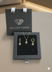 (ÇANTALI KUTULU) 925 Ayar Gümüş Damla Model Zirkon Taşlı Kadın 2 Li Set Kolye Küpe