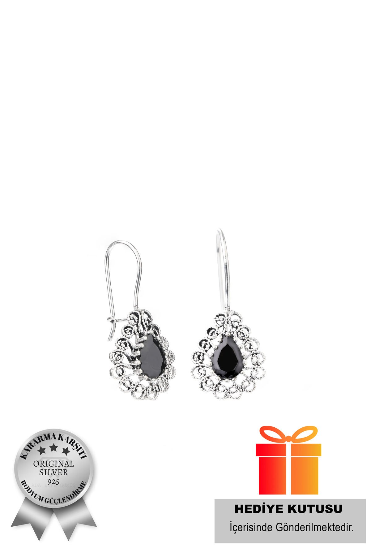 925 Ayar Gümüş Oniks Taşlı Damla Model Oksitli Telkari Kadın Küpe(ÖZEL KUTULU)