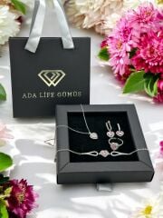 925 Ayar Gümüş Pırlanta Kalp Model Pembe Taşlı 4 lü Set Bileklik Kolye Küpe Yüzük (ÇANTALI KUTULU)