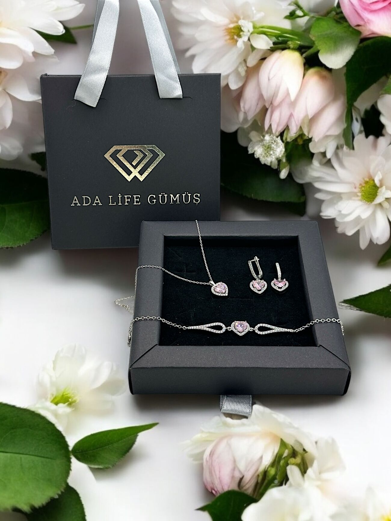 925 Ayar Gümüş Pırlanta Kalp Model Pembe Taşlı 3 lü Set Kolye Küpe Bileklik