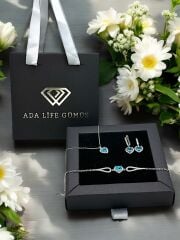 925 Ayar Gümüş Pırlanta Kalp Model Mavi Taşlı 3 lü Set Kolye Küpe Bileklik