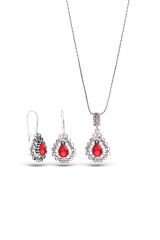 925 Ayar Gümüş Taşlı Damla Model Oksitli Telkari Kadın Set (ÖZEL KUTULU)