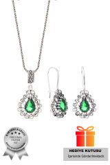 925 Ayar Gümüş Taşlı Damla Model Oksitli Telkari Kadın Set (ÖZEL KUTULU)