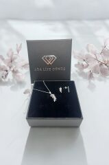 925 Ayar Gümüş Zirkon Taşlı Yaprak Model 2 Li Set Kolye Küpe (ÖZEL KUTULU)