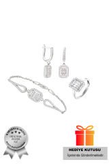 925 Ayar Gümüş 3 Lü 3Taş Baget Set (ÖZEL KUTULU) BİLEKLİK KÜPE YÜZÜK