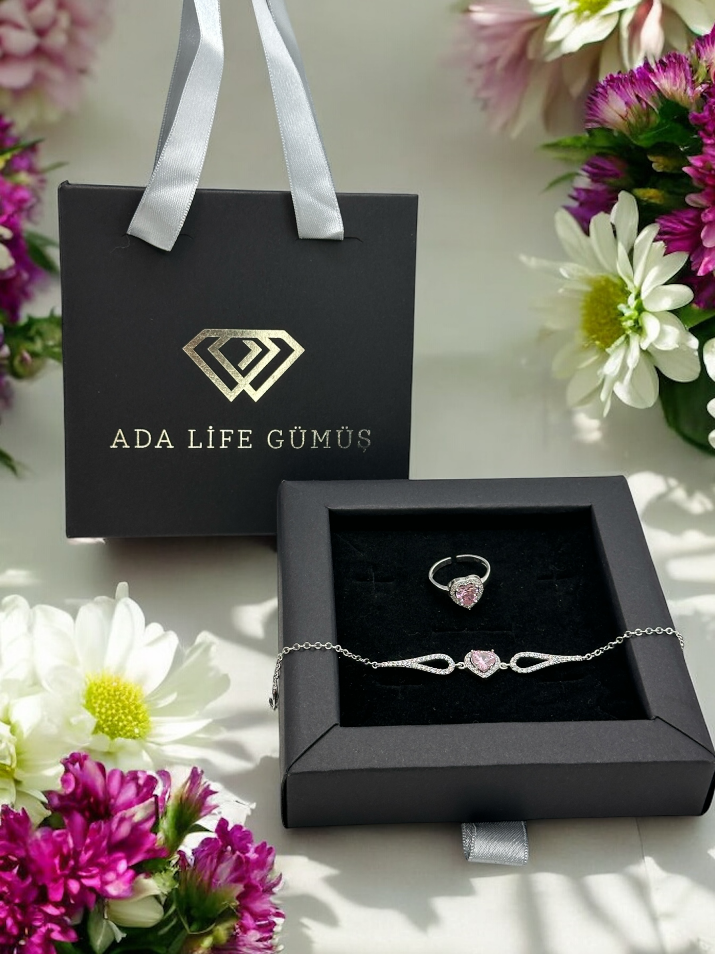 925 Ayar Gümüş Pırlanta Kalp Model Pembe Taşlı 2li Set Bileklik Yüzük (ÇANTALI KUTULU)